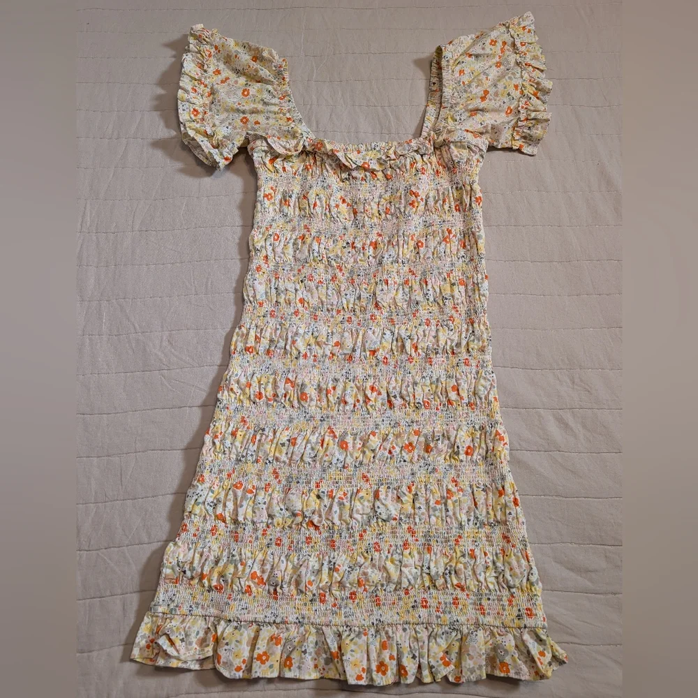 Storia Yellow Floral Smocked Mini Dress with Orange Accents, Women's Size Medium - Picture 2 of 10